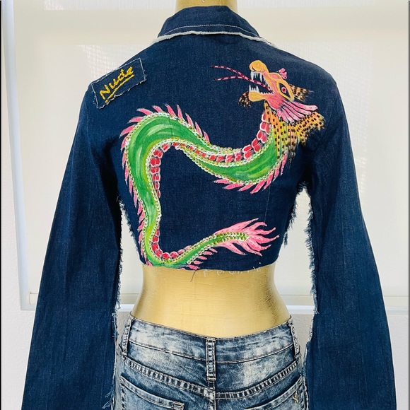 NWT $199 Vintage Y2K NUDE Los Angeles Sequin DRAGON Cropped JEAN JACKET M - Picture 15 of 16